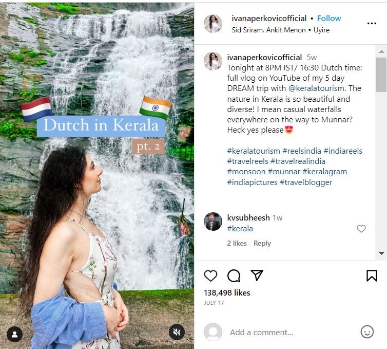 Creator Ivana Perkovic's Instagram post from a Kerala waterfall