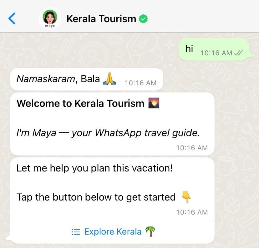 Maya greeting a traveller on WhatsApp: Welcome to Kerala Tourism, I'm Maya, your WhatsApp travel guide